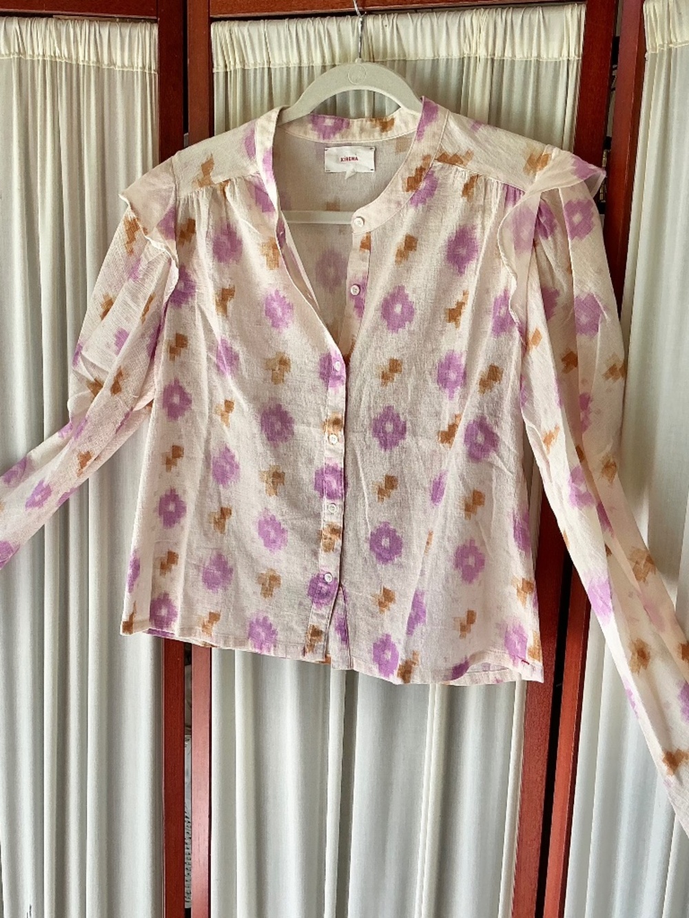 XIRENA Women’s Lottie Shirt Cotton Gauze Mandarin Collar Ruffled Shoulder Small